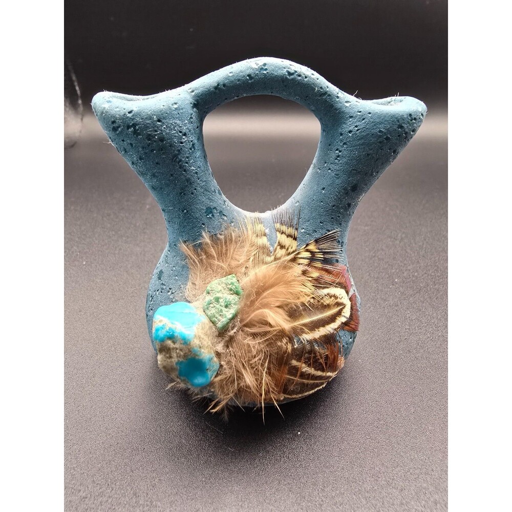 3" Pottery Wedding Jug - SIGNED and NUMBERED, Real Feathers and TURQUOISE Vtg